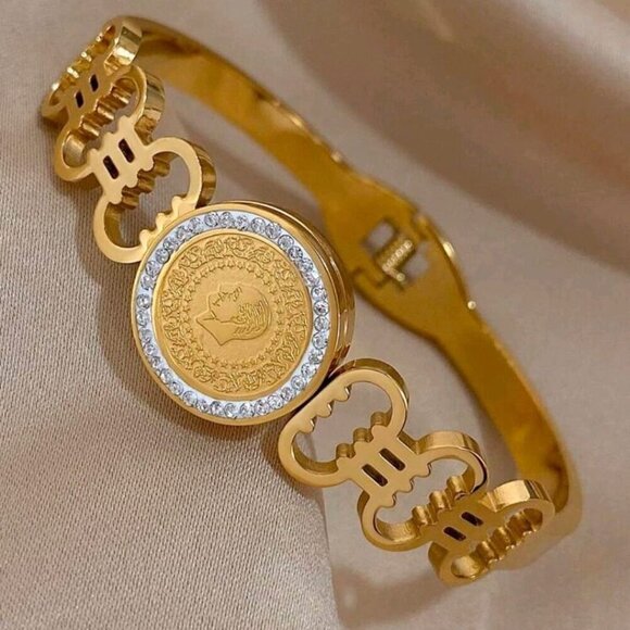 Jewelry - Elegant 18k Gold Plated Bangle Bracelet with Coin Design, Zircon Inlay